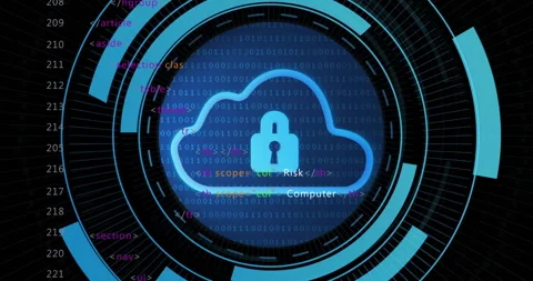 Cloud padlock icon floating at center, highlighting streaming binary digits and Stock Footage 309108877