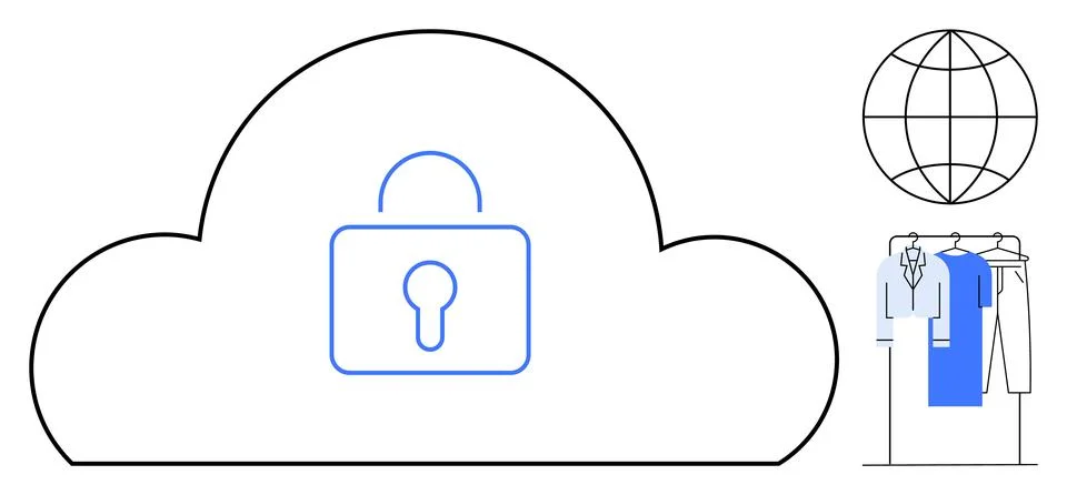 Cloud with padlock icon representing security, globe symbolizing global conne Stock Illustration