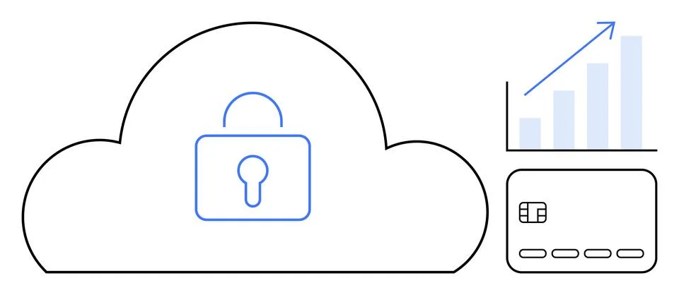 Cloud with padlock signifies security, bar graph with rising arrow suggests g 스톡 일러스트