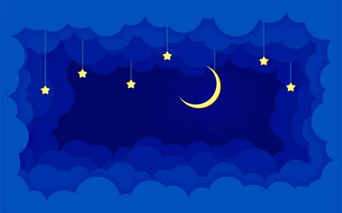 Cloud paper cut night darkness blue sky flat style Stock Illustration