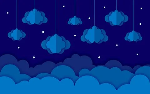 Cloud paper cut night darkness blue sky flat style Stock Illustration