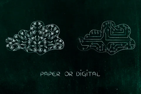 Cloud of papers vs digital cloud Stock Illustration