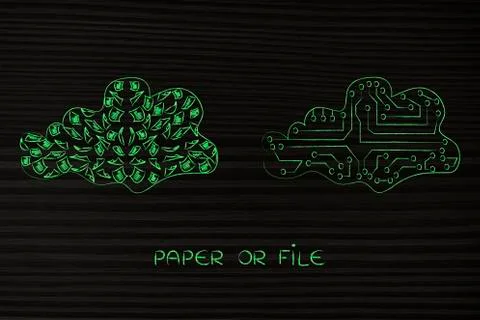 Cloud of papers vs digital cloud Stock Illustration
