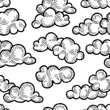 Cloud pattern. Doodle line art cloudy sky ornamental texure. Spr Stock Illustration