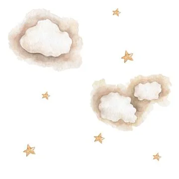 Cloud pattern of a yellow star. Hand drawn watercolor strars and clouds Stock Illustration
