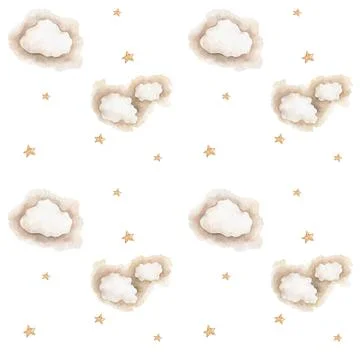 Cloud pattern of a yellow star. Hand drawn watercolor strars and clouds Illustrazione stock