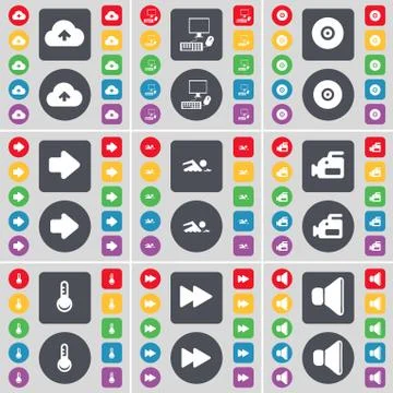 Cloud, PC, Disk, Arrow right, Swimmer, Film camera, Thermometer, Rewind, Sound i Stock Illustration