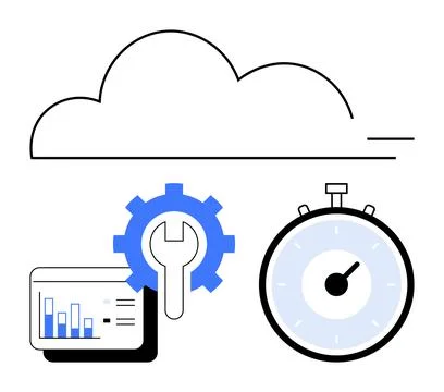 Cloud with performance graph, gear with wrench, and stopwatch representing te Illustrazione stock