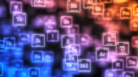 Cloud of periodic elements table concept with glowing neon lines. 3d Stock Illustration