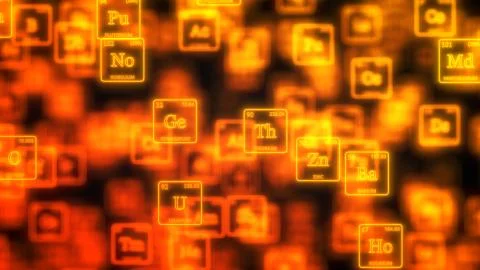 Cloud of periodic elements table concept with glowing neon lines. 3d Stock Illustration