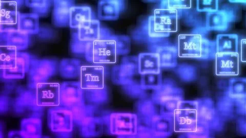 Cloud of periodic elements table concept with glowing neon lines. 3d Illustrazione stock