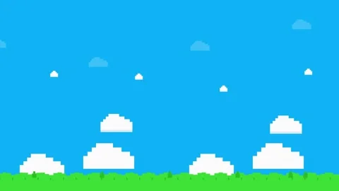 Cloud pixel 8 bit. 8-bit pixel art landscape with clouds and blue sky Stock Footage 342201490