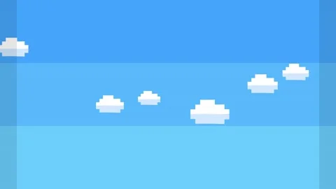 Cloud pixel 8 bit retro video game background with stylized blue sky and whit Stock Footage 345662699