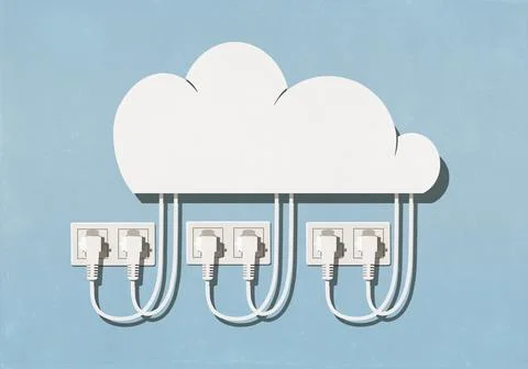 Cloud plugged into multiple electrical outlets on blue background 库存插图