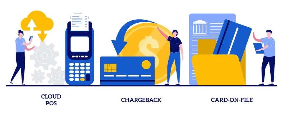 Cloud POS, chargeback, card-on-file concept with tiny people. Retail softwa.. Stock Illustration