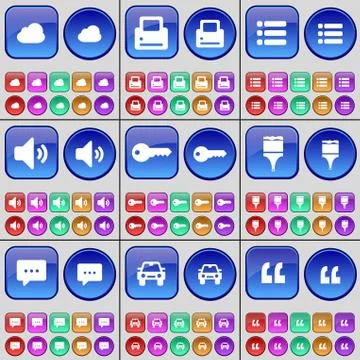 Cloud, Printer, List, Sound, Key, Brush, Chat bubble, Car, Quotation mark. A lar Stock Illustration