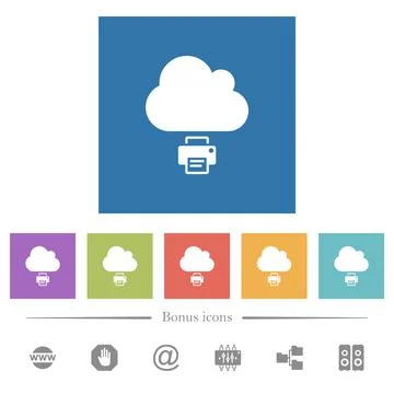 Cloud printing flat white icons in square backgrounds Ilustración de archivo