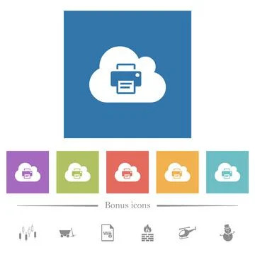 Cloud printing flat white icons in square backgrounds Stock Illustration
