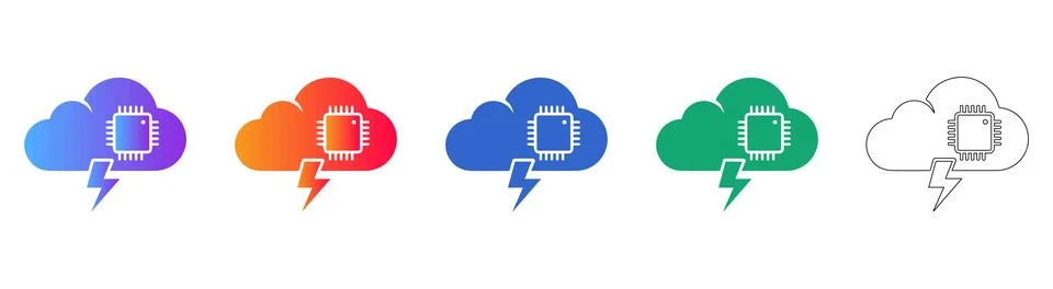 Cloud Processor Icon Set with Lightning Bolt Stock Illustration