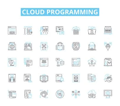 Cloud programming linear icons set. Virtualization, Elasticity, DevOps Stock Illustration