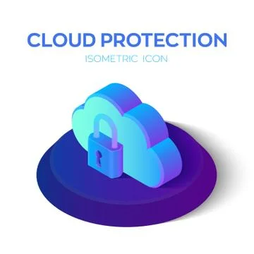 Cloud Protection Icon. 3D Isometric Cloud with Lock Icon. Secure Data. Create Stock Illustration