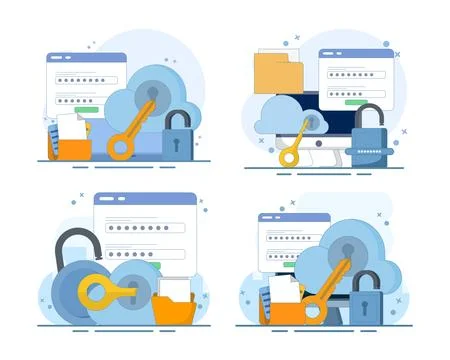 Cloud protection set, secure server storage, data authentication Stock Illustration