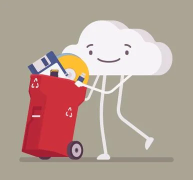 Cloud pushing trash bin with old memory storages Illustrazione stock