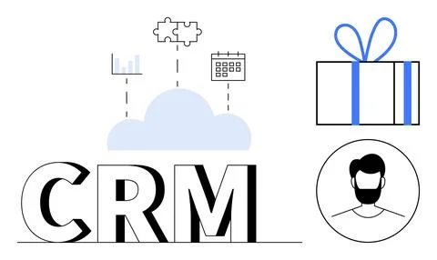 Cloud with puzzle, bar graph, and calendar icons above CRM letters gift box a Stock Illustration