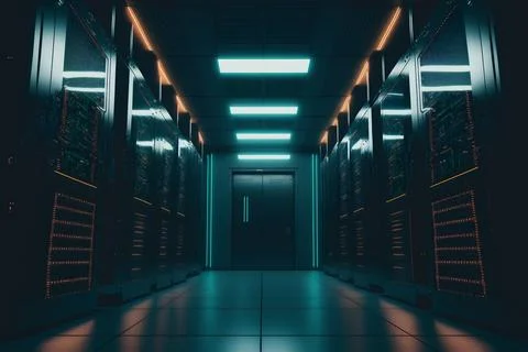 Cloud rack room with big data cyber network datacenter. Green light server Stock Illustration