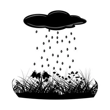 Cloud, rain and grass silhouette isolated on white background. Rainy day. Stock Illustration