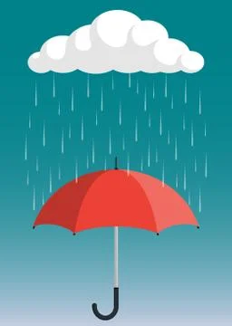 Cloud, rain and opened umbrella in the rain. Flat style vector illustration. Stock Illustration
