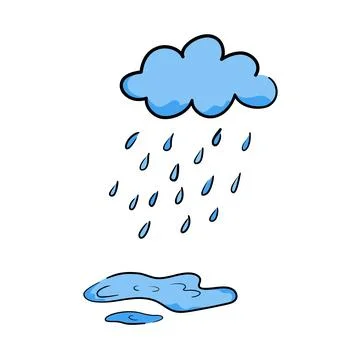 Cloud with rain and puddles in hand-drawn style, concept of rainy season Illustrazione stock