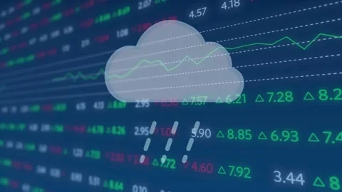 Cloud with rain animation over fluctuating stock market data on blue background Video stock 325964916