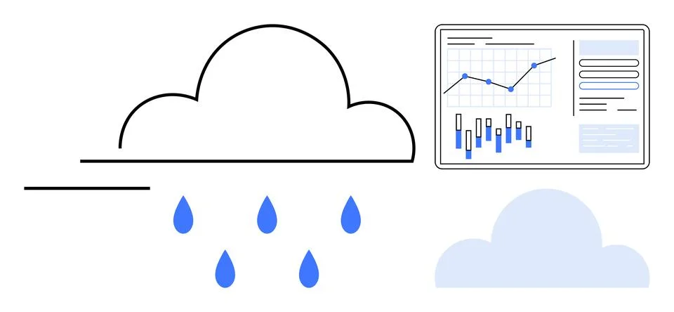 Cloud with rain, data analytics chart with graphs and bar charts, second clou Illustrazione stock