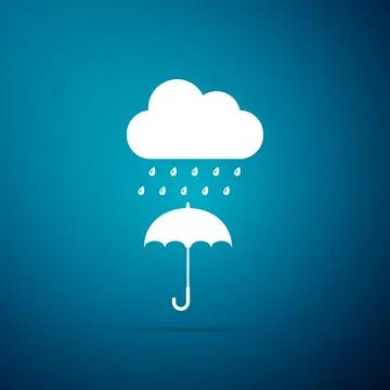 Cloud with rain drop on umbrella icon isolated on blue background. Flat design Illustrazione stock