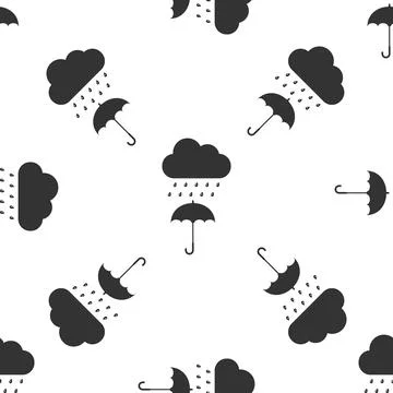 Cloud with rain drop on umbrella icon seamless pattern on white background. Flat Stock Illustration
