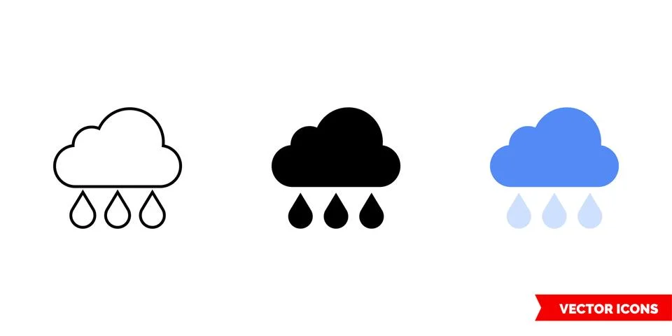 Cloud with rain icon of 3 types color, black and white, outline. Isolated vector Stock Illustration