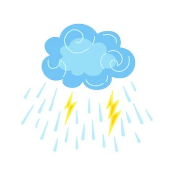 Cloud with rain, lightning cartoon style vector Stock Illustration