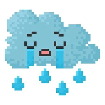 Cloud rain pixel art, vector 8 bit cry sad face emoji emoticon, weather forecast Stock Illustration