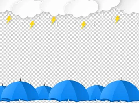 Cloud rain with umbrellas, thunderbolt  isolate on png or transparent, clear Stock Illustration