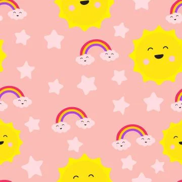 Cloud Rainbow Star and Sun Cute Seamless Repeat Pattern, Laughter Fun Care Jo Stock Illustration