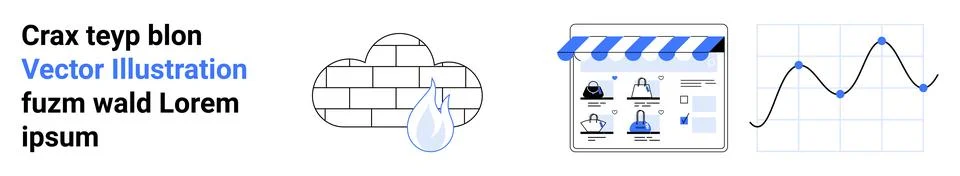 Cloud with raindrop, online store with blue awning, black and blue line graph Stock Illustration