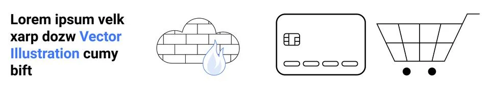 Cloud with raindrop, square chip card, shopping cart with wheels, placeholder Stock Illustration