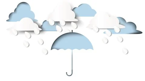 Cloud, raindrops falling on umbrella, paper art/paper cutting style Stock Illustration