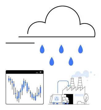 Cloud with raindrops, financial chart with fluctuating data, and recycling pl 스톡 일러스트