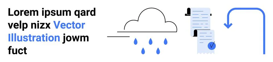 Cloud with raindrops, two documents with stamps, blue downward and right arro Illustrazione stock