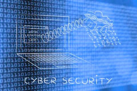 Cloud raining binary code out of laptop,cyber security Stock Illustration