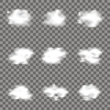 Cloud realistic set. Sky clouds transparent. Clouds set. Realistic design. Ve Stock Illustration