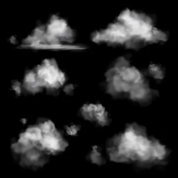 Cloud realistic. Sky white clouds in air, fog effect fluffy frame, cloudy Stock Illustration