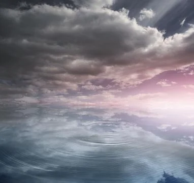 Cloud reflection is filling flat design water surface with pink sunset glow and Stock Photos